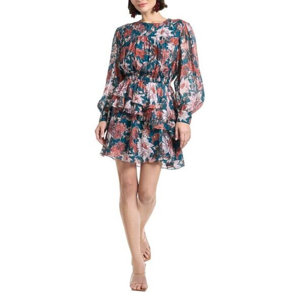 Sachin & Babi Meg Tiered Floral Print Chiffon Mini Dress Size Large Floral Event